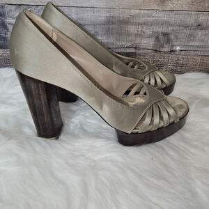 Stella McCartney Taupe Silk Wooden Heel Platform Pumps EU 38